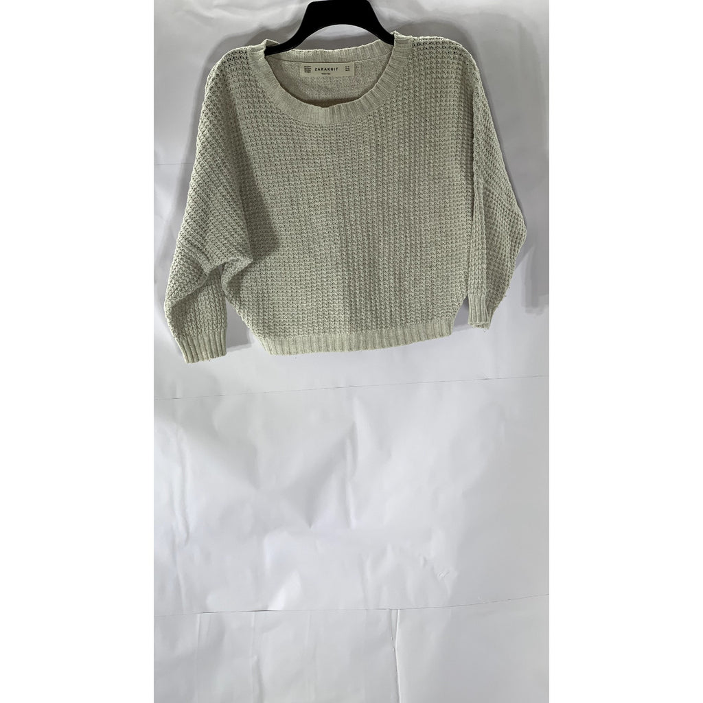 ZARA KNIT Women's Beige Crewneck Knit Dropped-Sleeves Sweater SZ M