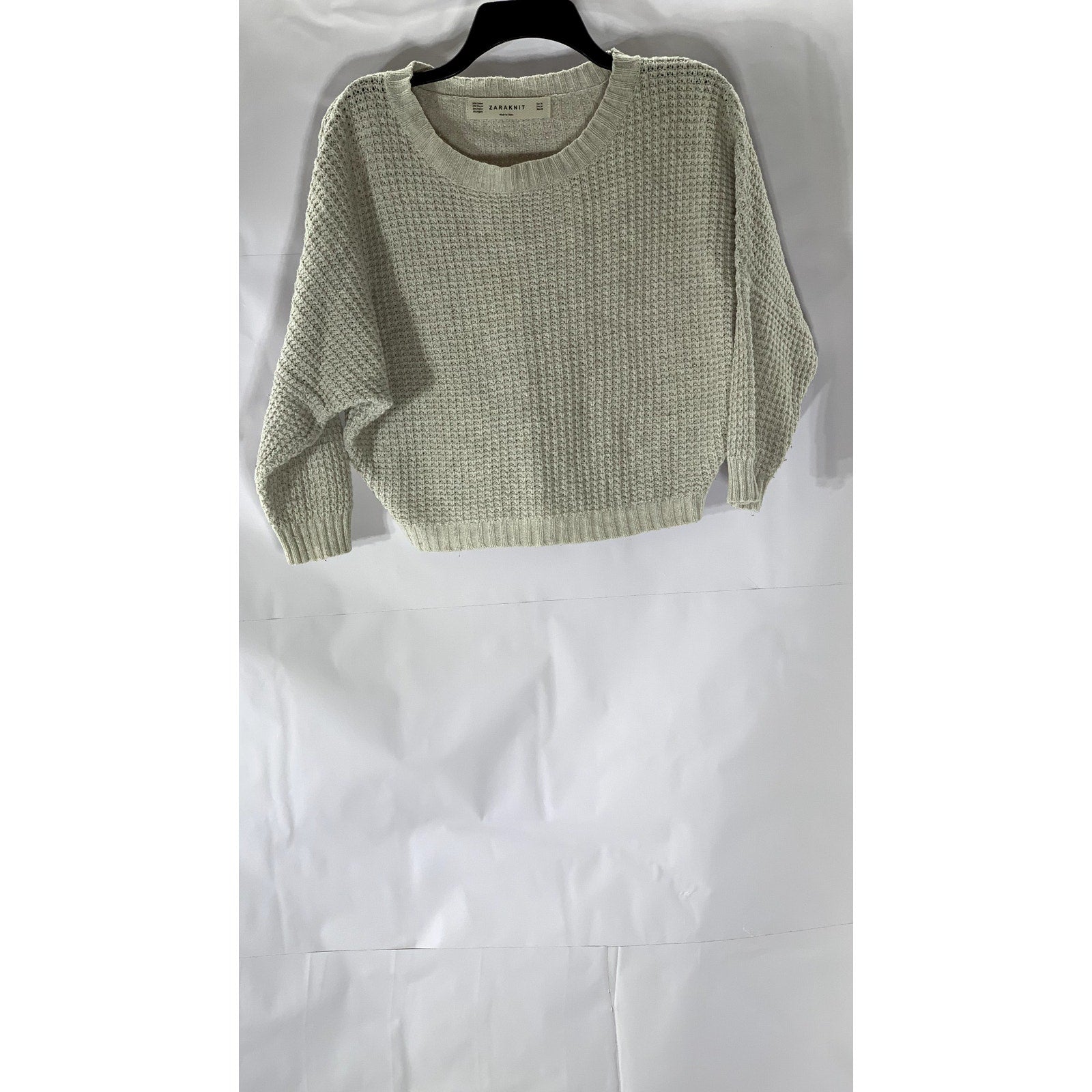 ZARA KNIT Women's Beige Crewneck Knit Dropped-Sleeves Sweater SZ M