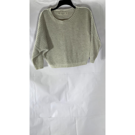 ZARA KNIT Women's Beige Crewneck Knit Dropped-Sleeves Sweater SZ M