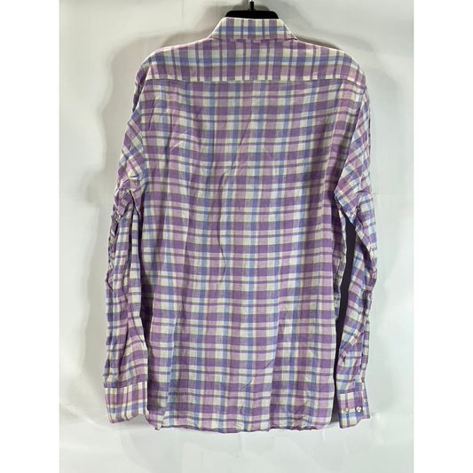 SAKS FIFTH AVENUE Men's Purple/Blue Plaid Linen Button-Up Long Sleeve Shirt SZ M