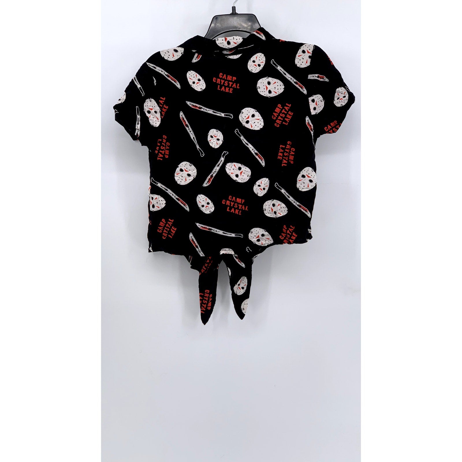 FRIDAY THE 13th Women's Black Jason Print Tie-Front Button-Up Top SZ S