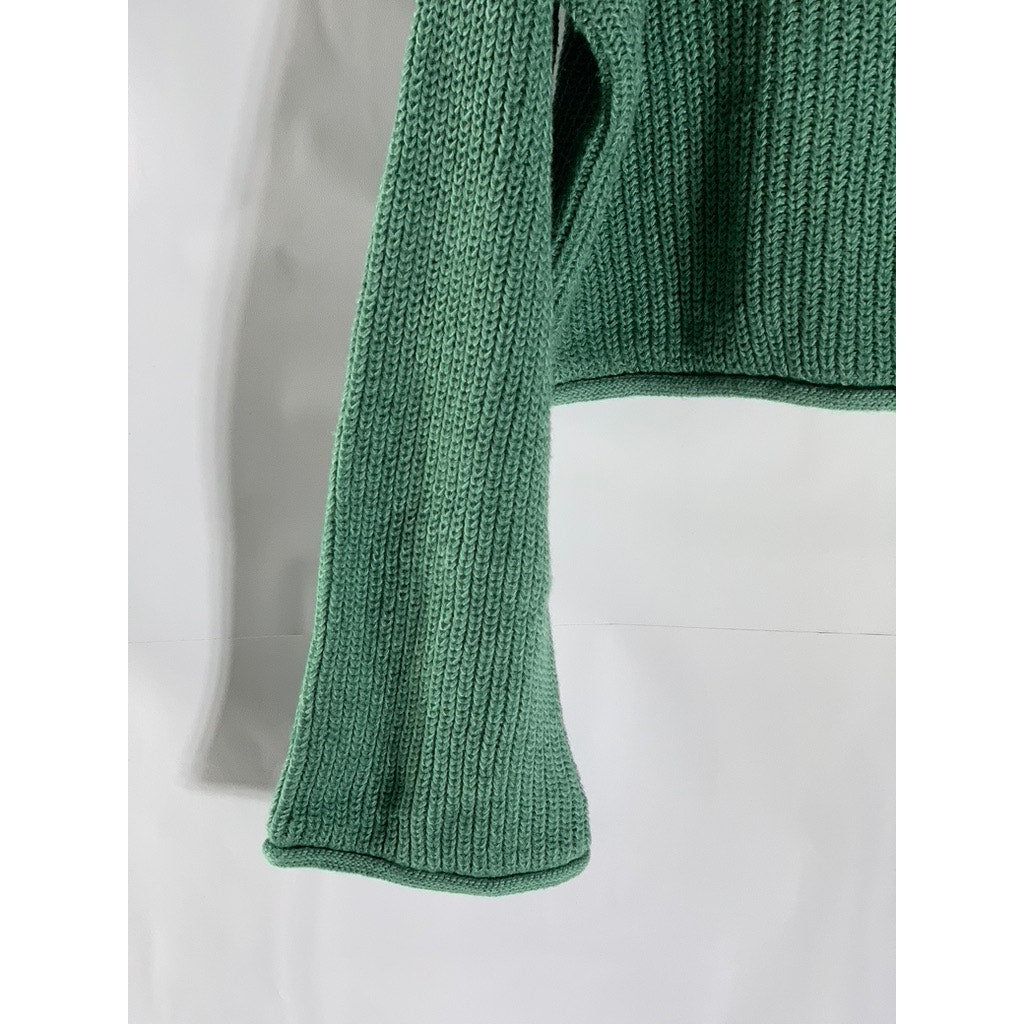 WILD FABLE Women's Dark Green Rib Knit Crewneck Long Sleeve Cropped Sweater SZ M