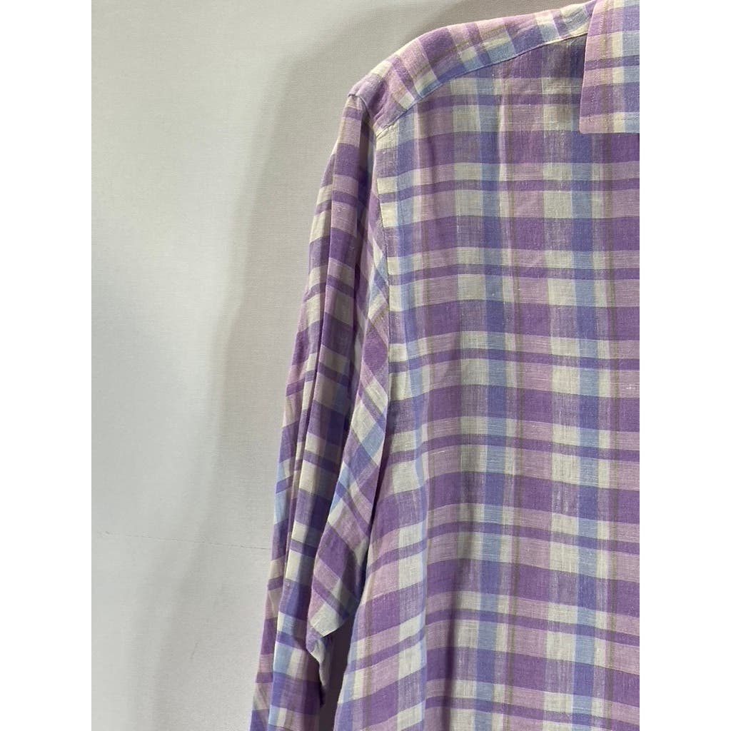 SAKS FIFTH AVENUE Men's Purple/Blue Plaid Linen Button-Up Long Sleeve Shirt SZ M