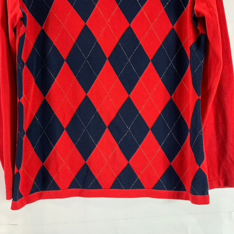 TOMMY HILFIGER Women's Red V-Neck Diamond Argyle Knit Pullover Sweater SZ L