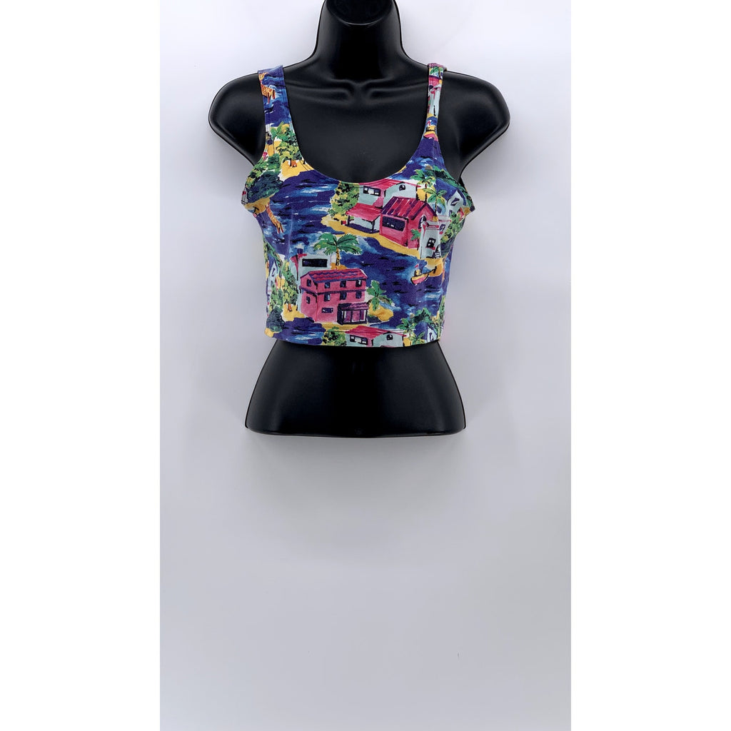 UNBRANDED Women's Blue-Multi Printed Scoop-Neck Cropped Tank Top SZ M