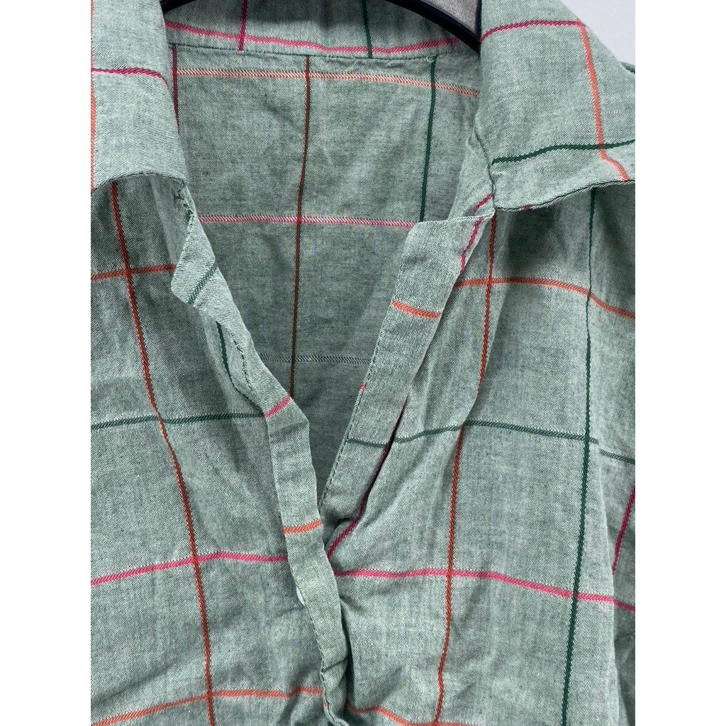 UNBRANDED Women's Green Windowpane Collared Button-Up Sleeveless Cropped Top SZS