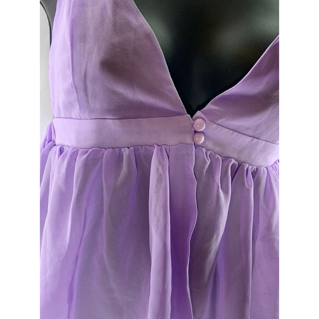 SHEIN Women's Purple Two-Button Sheer Ruffle-Hem V-Neck Spaghetti Strap Top SZ L