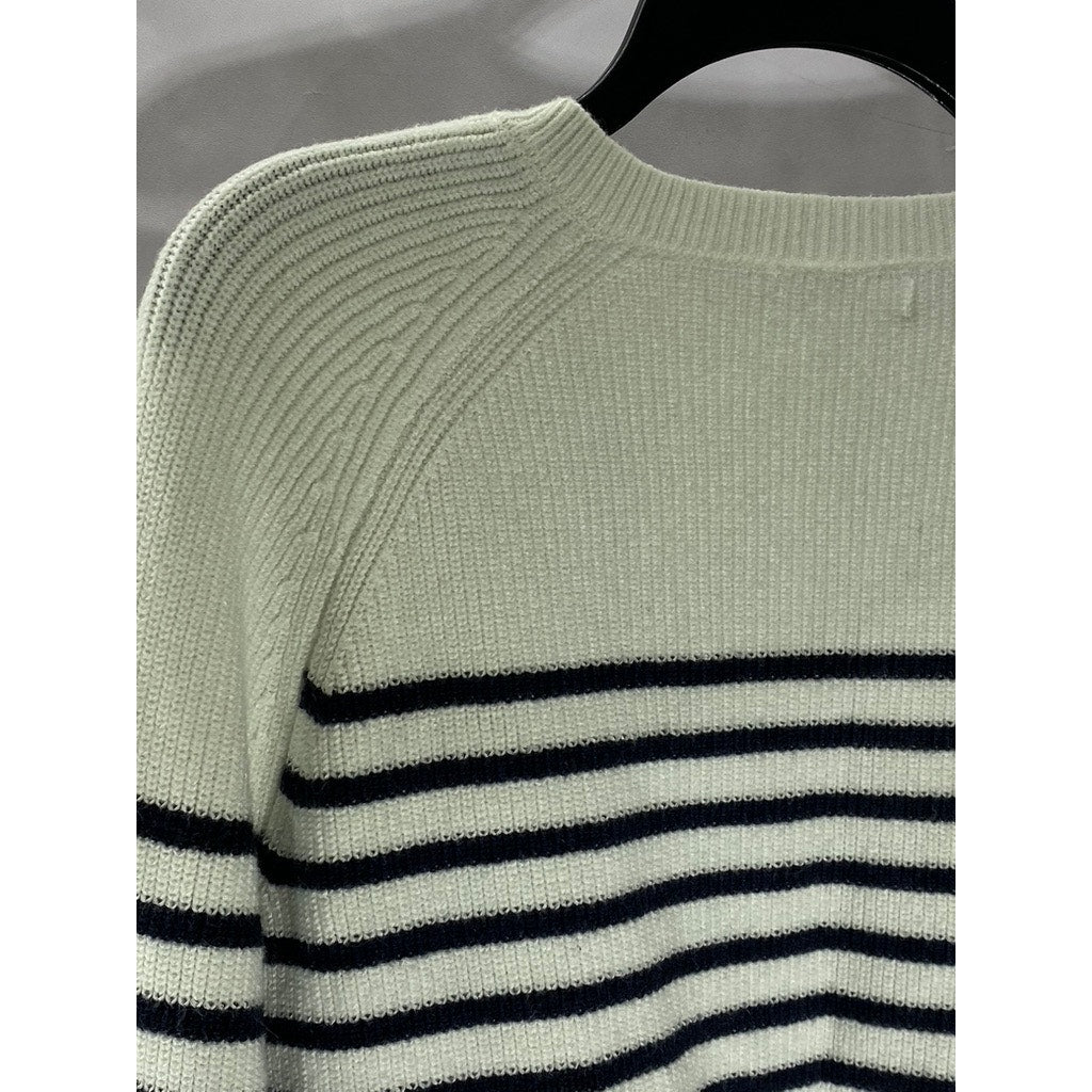 UNBRANDED Women's White-Black Striped Knit Button-Detail Wool-Blend Sweater SZXL