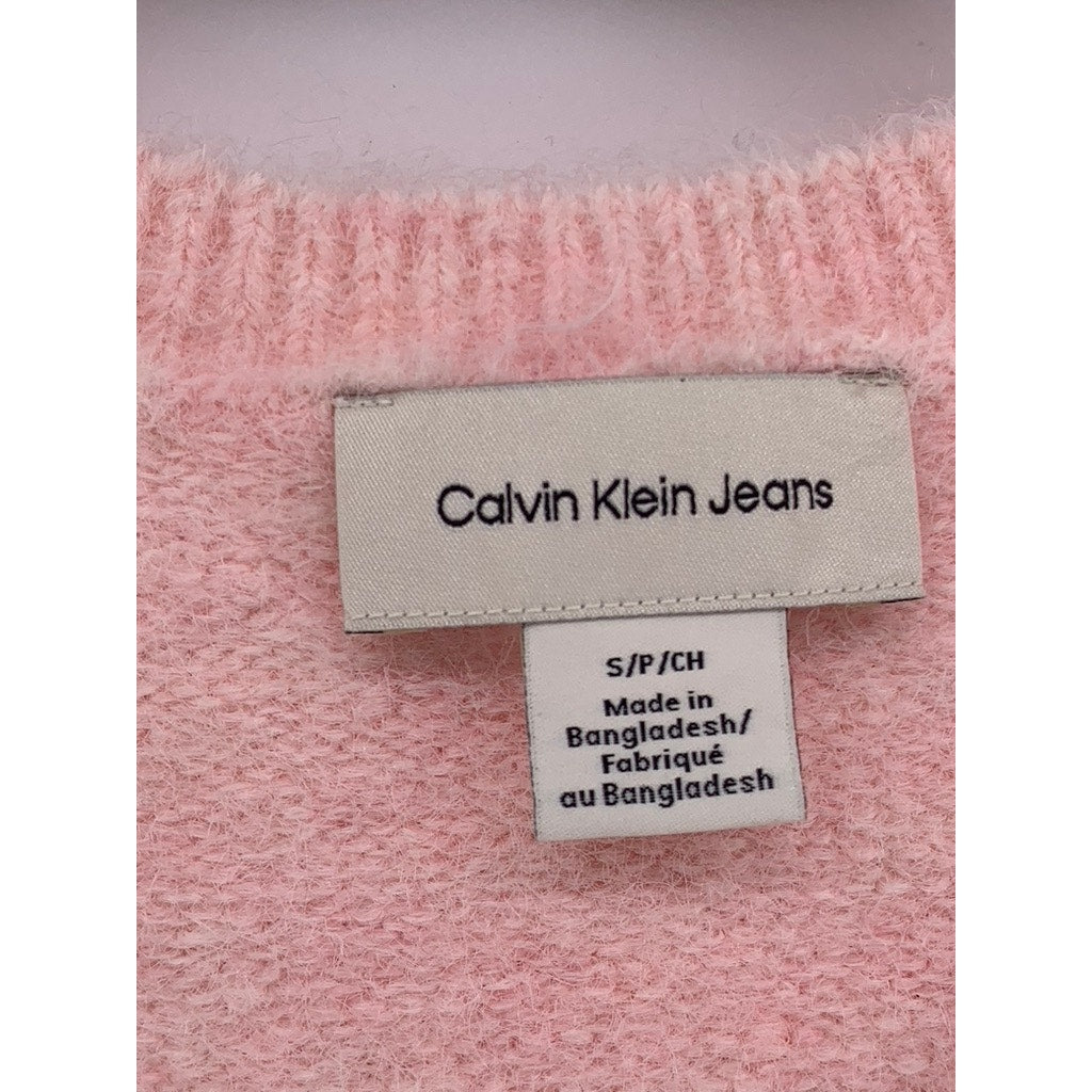 CALVIN KLEIN JEANS Women's Light Pink Knit V-Neck Short Sleeve Sweater Top SZ S