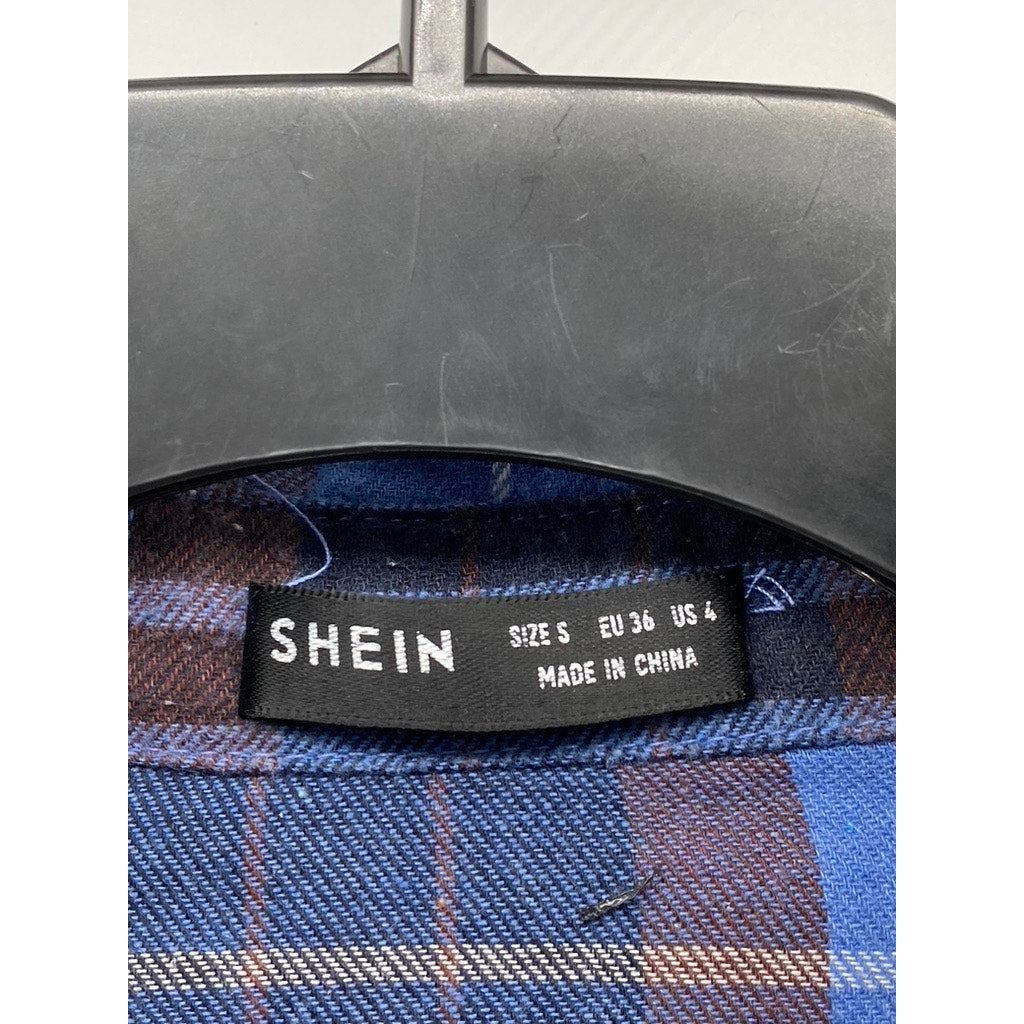 SHEIN Women's Blue-Black Plaid Oversized-Fit Button-Up Long Sleeve Top SZ 4