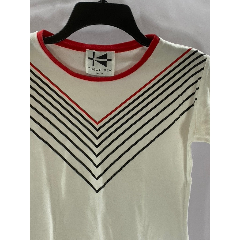 TIMUR KIM Women's White/Black/Red Striped Crewneck Short Sleeve Top SZ S