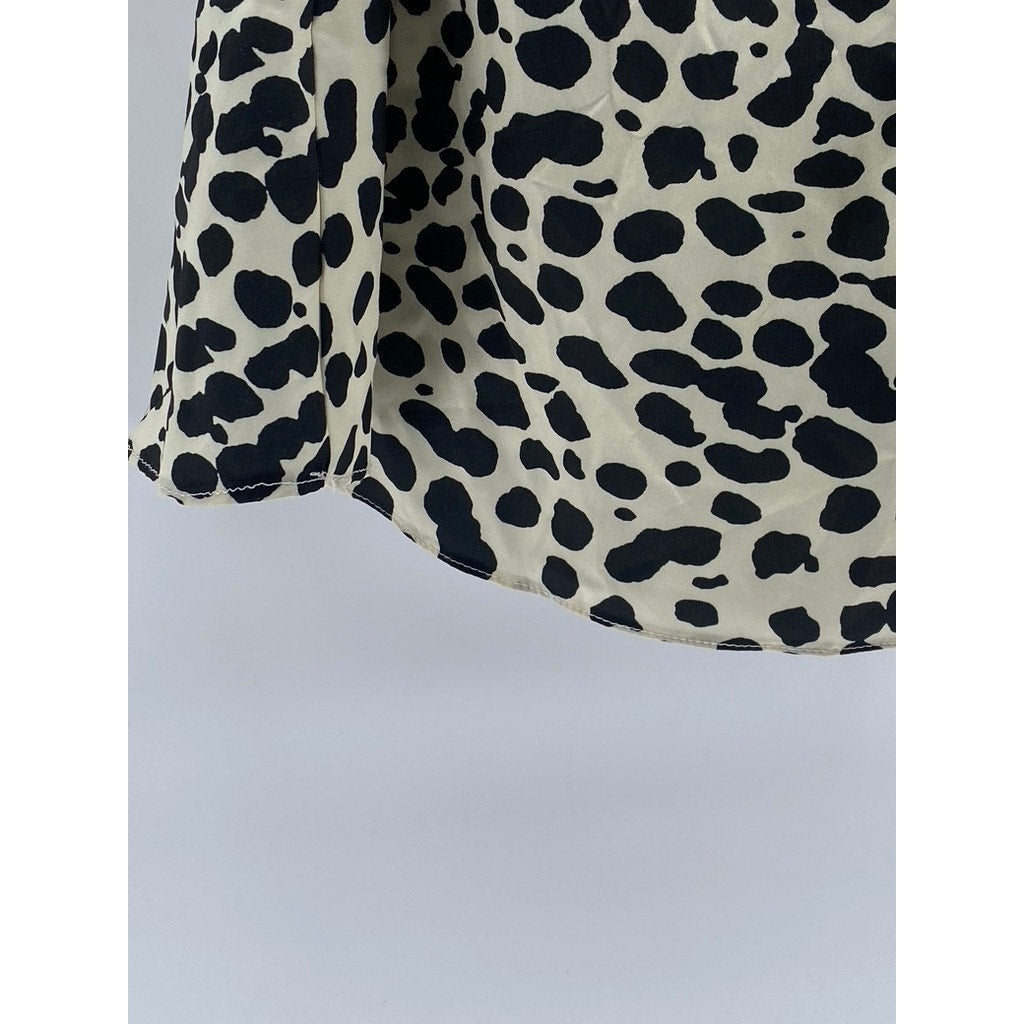 ZANER STUDIO Women's Beige-Black Printed V-Neck Ruffle A-Line Mini Dress SZ S