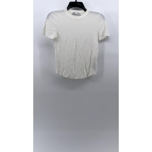 ZARA Women's White Extra Fine Rib Crewneck Short Sleeve Casual Top SZ S
