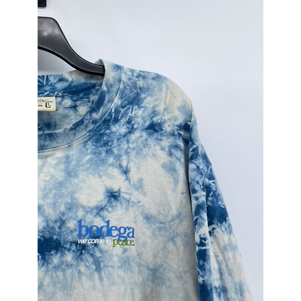 BODEGA Men's Blue-White Tie-Dye Graphic Logo Crewneck Long Sleeve T-Shirt SZ L