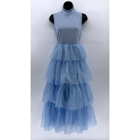UNBRANDED Women's Light Blue Tulle Tiered Mock-Neck Sleeveless Maxi Dress SZ M
