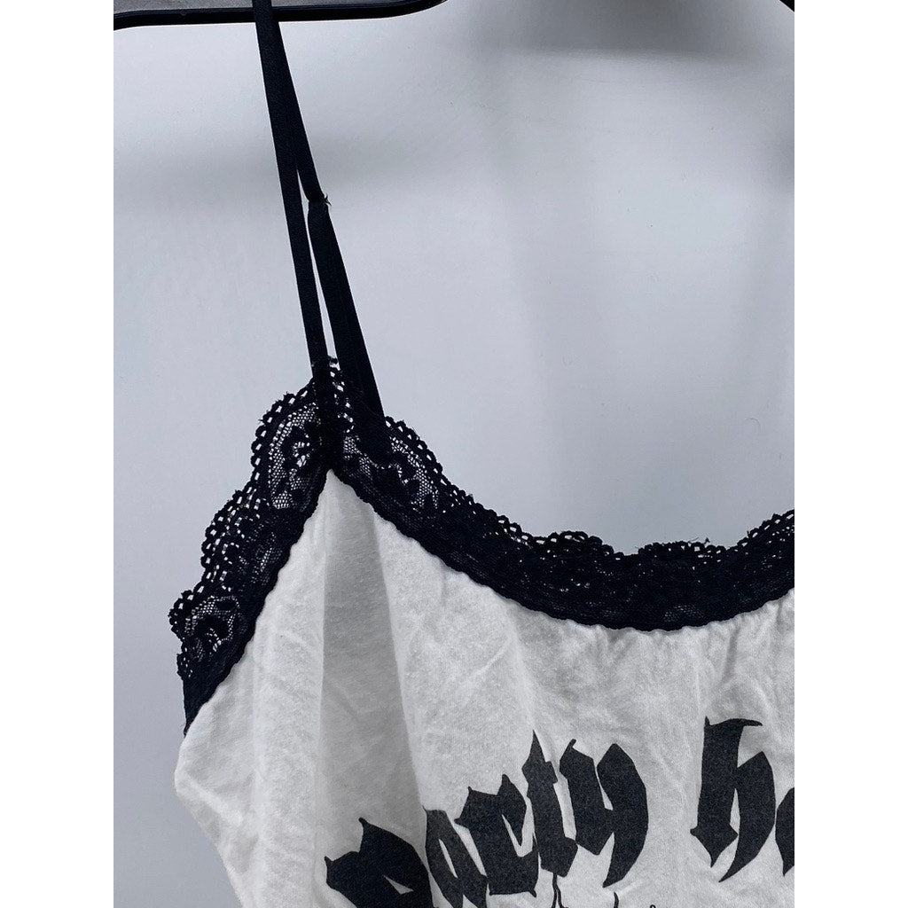 EYECANDY Women's White-Black Lace-Trim Party Hard Cry Later Cropped Tank SZ L