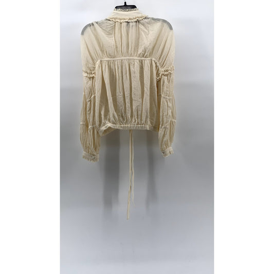 ALEXIS Women's Cream Boho Zip-Up High-Neck Long Sleeve Tie-Hem Top SZ XS