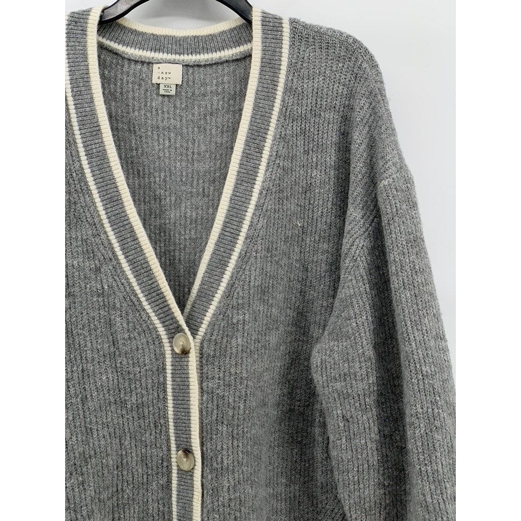 A NEW DAY Women's Gray Ribbed V-Neck Button-Up Oversized Cardigan SZ 2XL