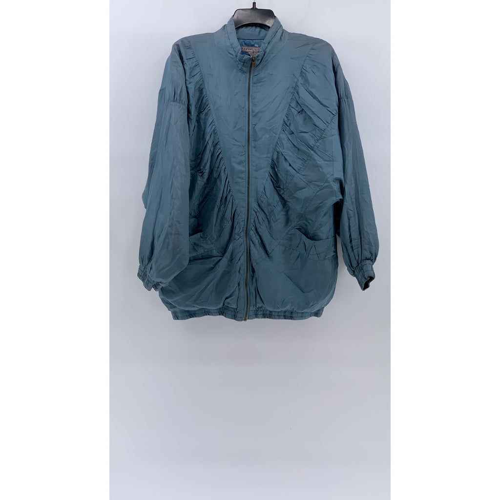 ROBERT STOCK Men's Vintage Blue Silk Pleated Zip-Up Bomber Jacket SZ M