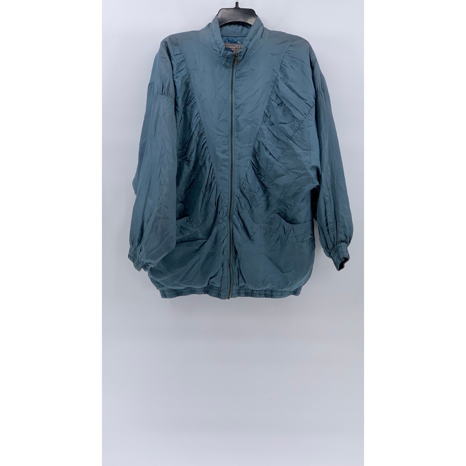 ROBERT STOCK Men's Vintage Blue Silk Pleated Zip-Up Bomber Jacket SZ M