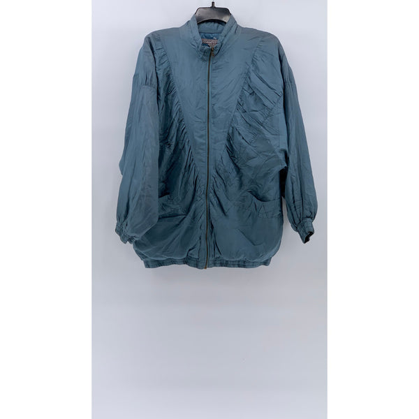 ROBERT STOCK Men's Vintage Blue Silk Pleated Zip-Up Bomber Jacket SZ M