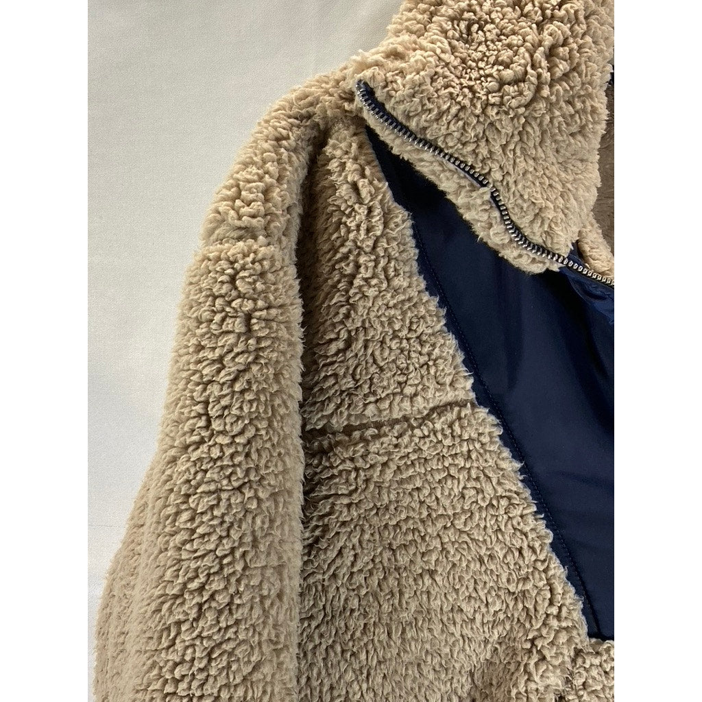 ABERCROMBIE & FITCH Women's Tan/Navy Faux Sherpa Quarter-Zip Sweater SZ S