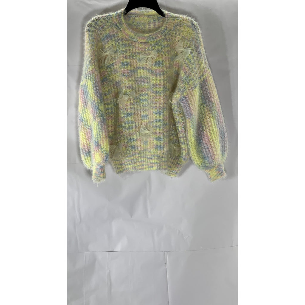 UNBRANDED Women's Blue-Yellow-Pink Crewneck Crochet Knit 3D Bow Sweater SZ M