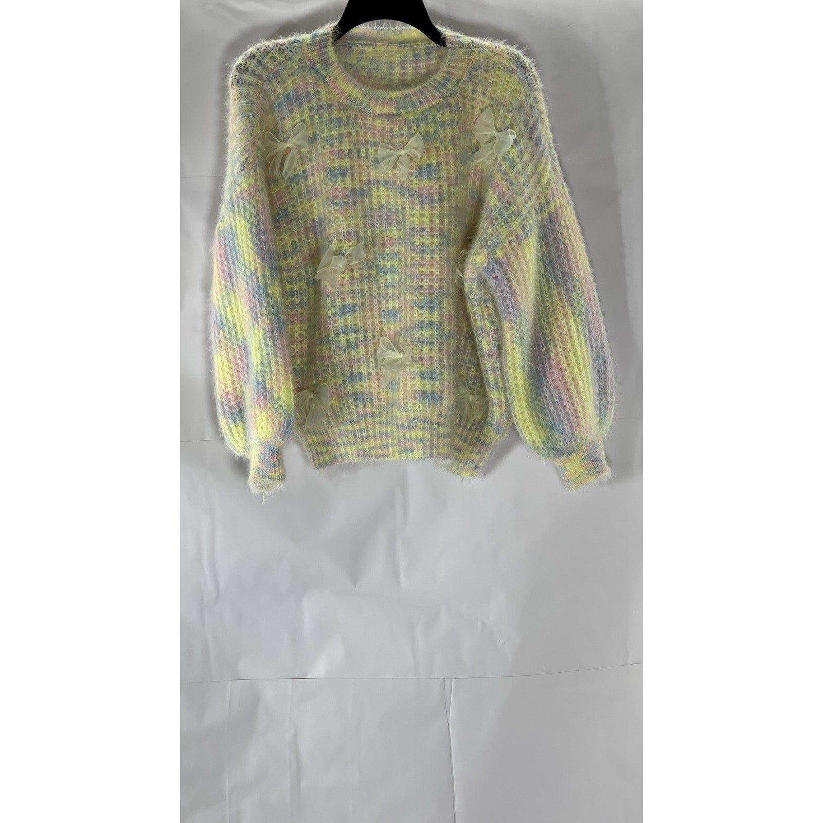 UNBRANDED Women's Blue-Yellow-Pink Crewneck Crochet Knit 3D Bow Sweater SZ M