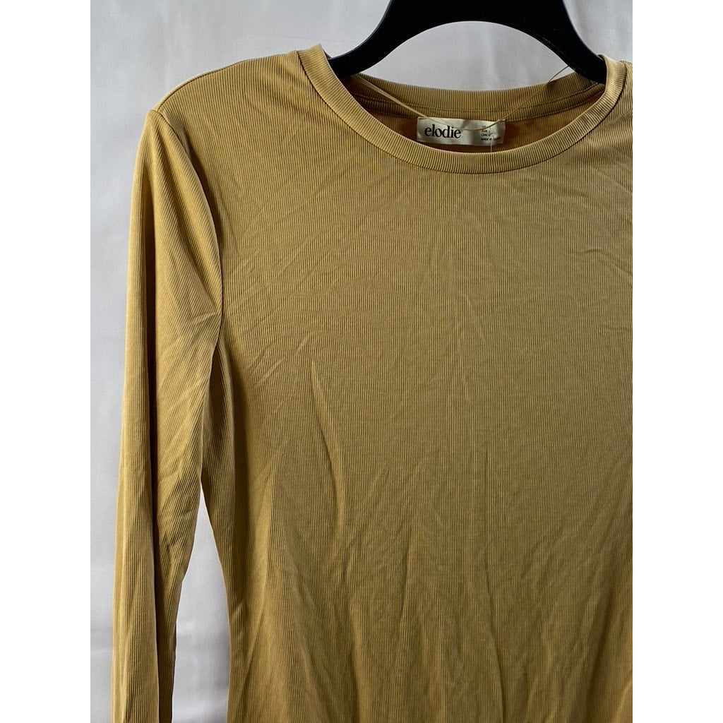 ELODIE Women's Tan Ribbed Crewneck Long Sleeve Thong Bodysuit SZ L