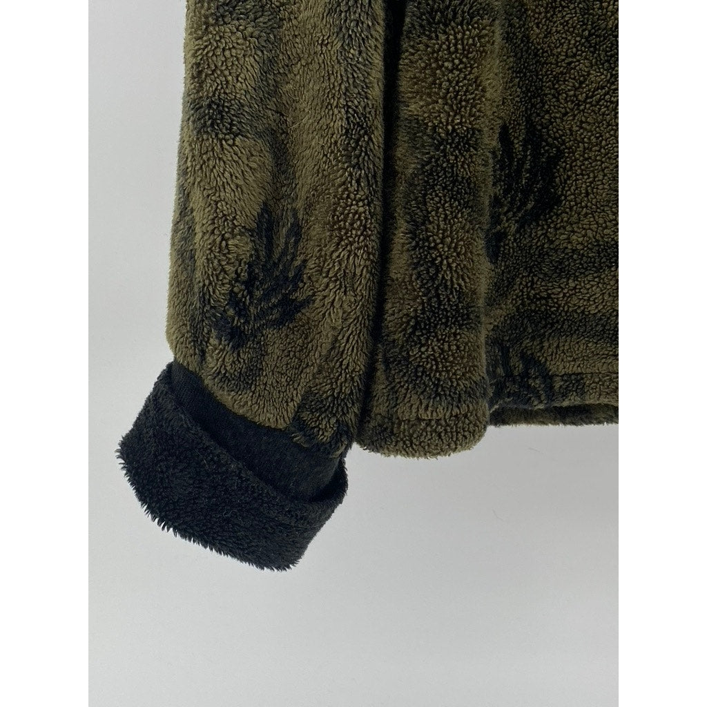MARALYCE FERREE Women's Olive Green-Black Fleece Floral Print Button-Up Coat SZL