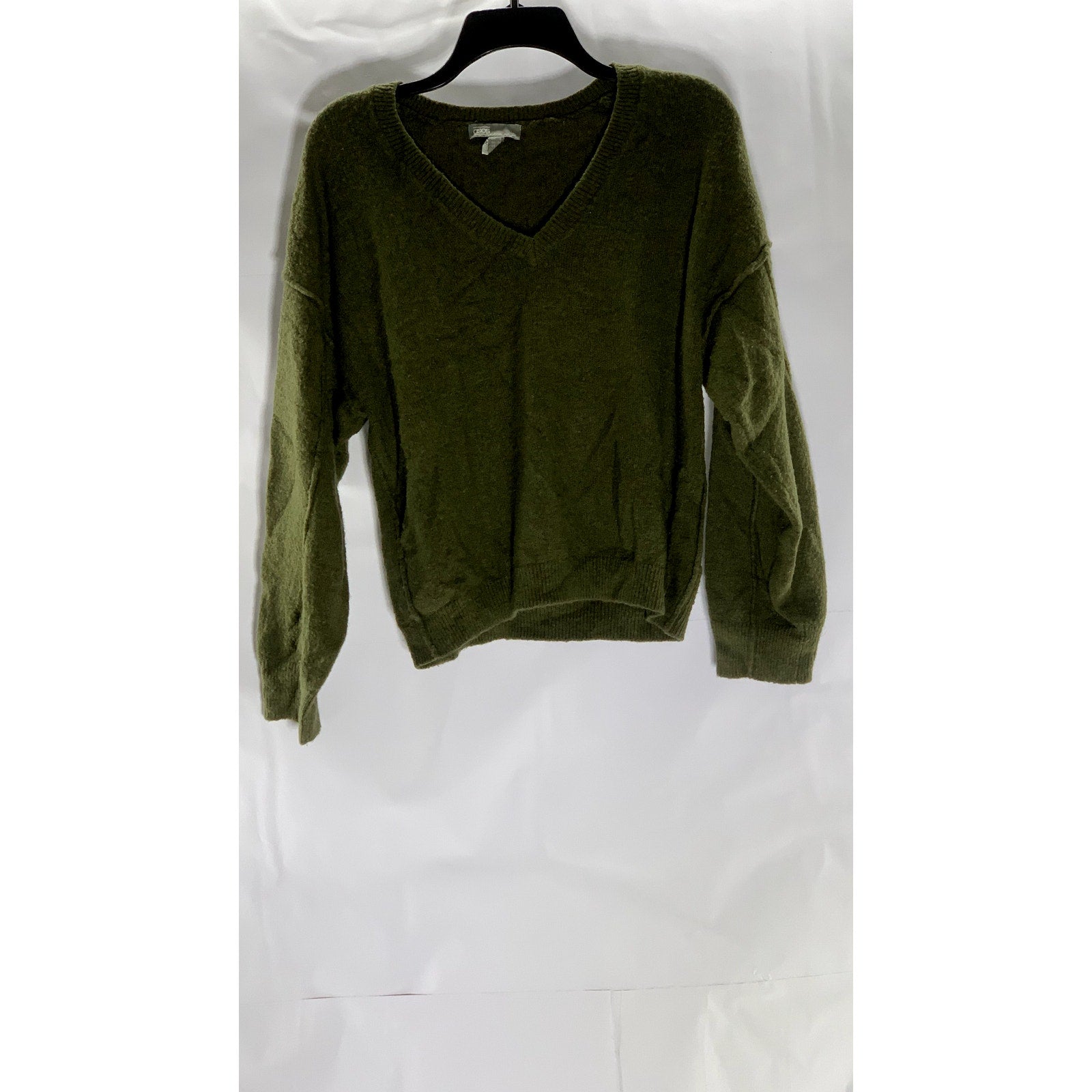 ASOS Women's Olive Green V-Neck Pullover Knit Dropped Shoulder Sweater SZ 2