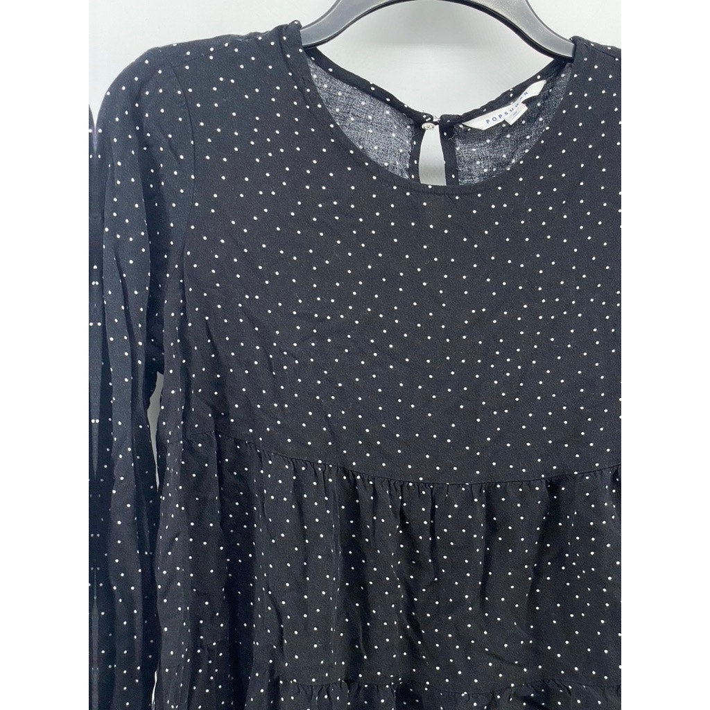 POPSUGAR Women’s Black Micro Polka Dot Long Sleeve Swing Top SZ S