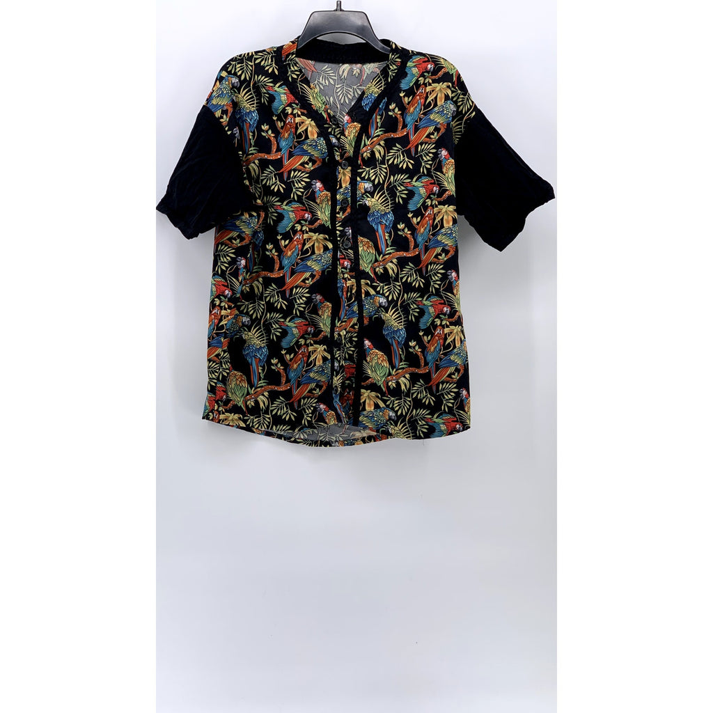 UNBRANDED Men's Black Tropical Print Button-Up Short Sleeve Shirt SZ L