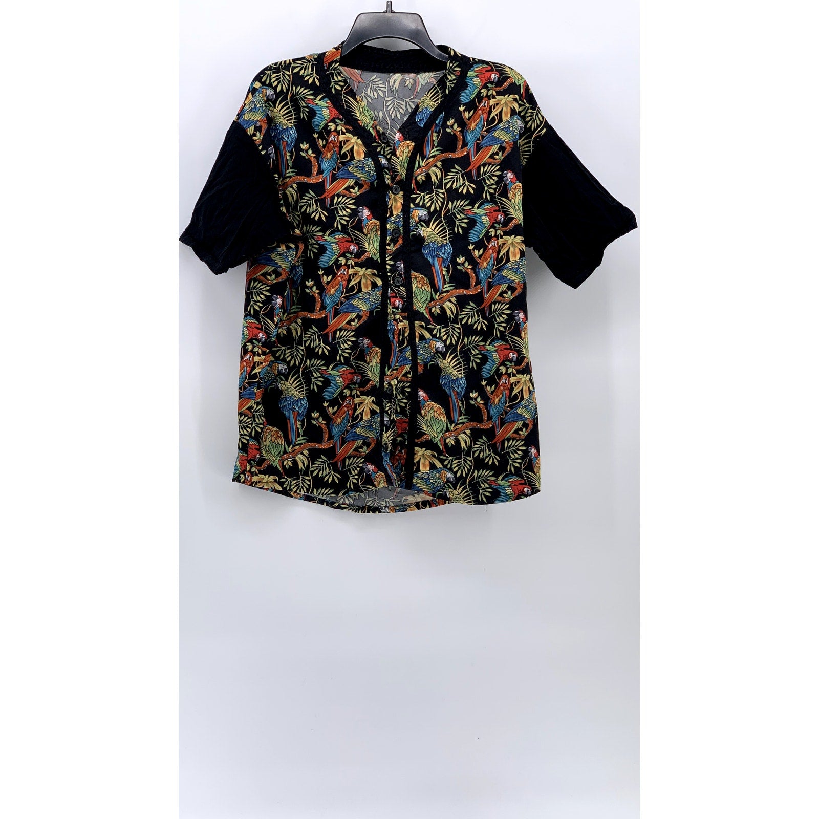 UNBRANDED Men's Black Tropical Print Button-Up Short Sleeve Shirt SZ L