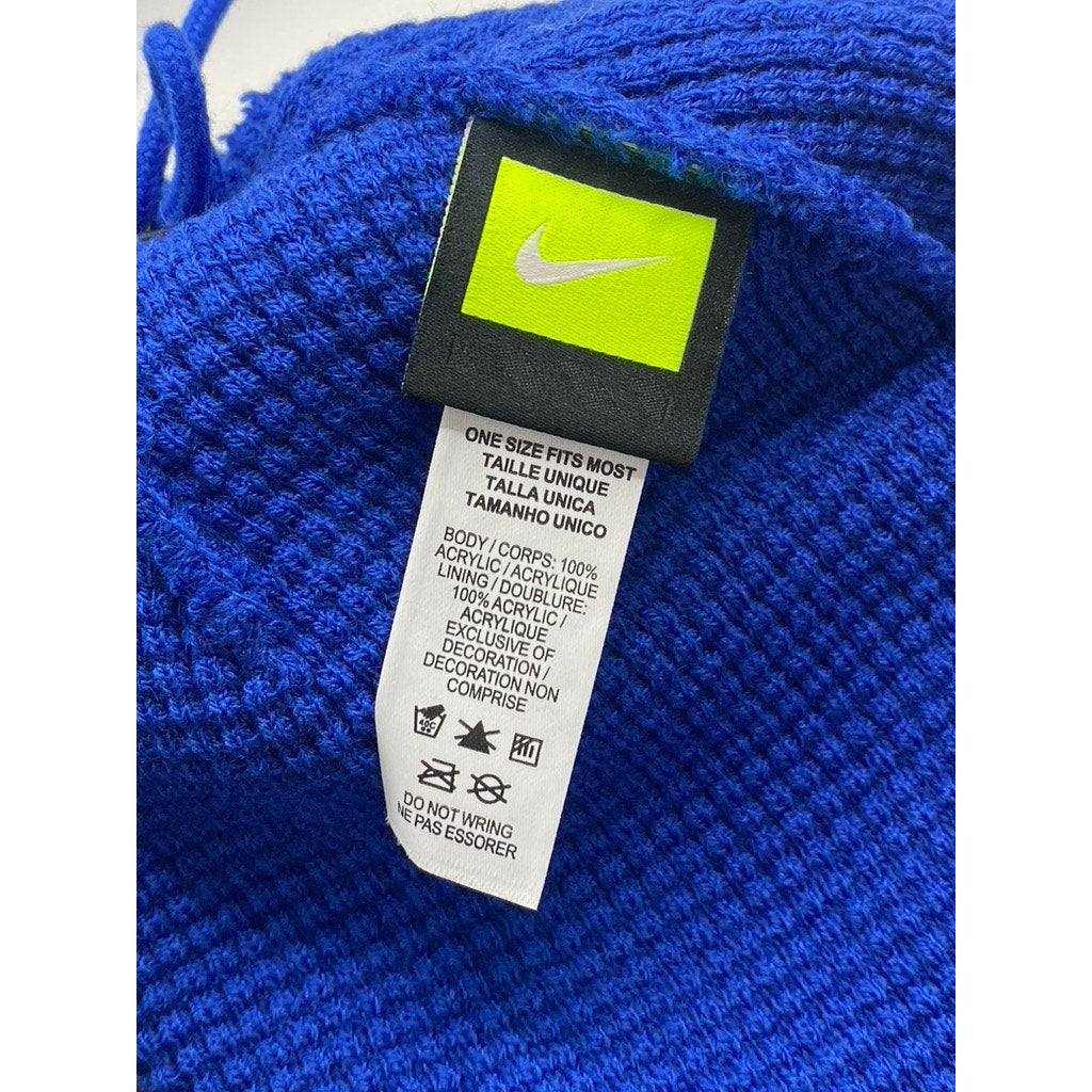 NIKE Unisex Adult Royal Blue-White Striped Swoosh Pom-Pom Beanie SZ OS
