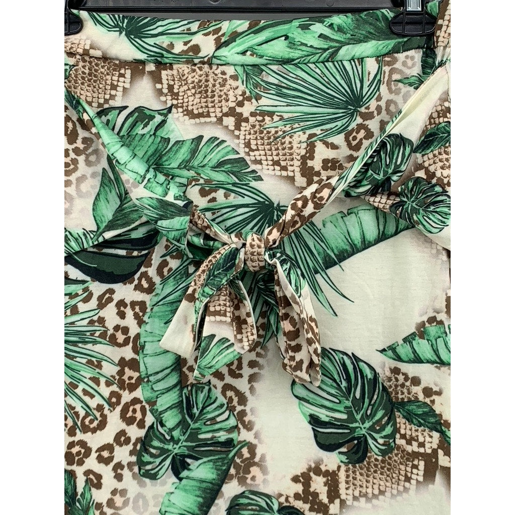 UNBRANDED Women's White-Green Tropical Print 2-Pc Skirt Tank Set SZ L/XL