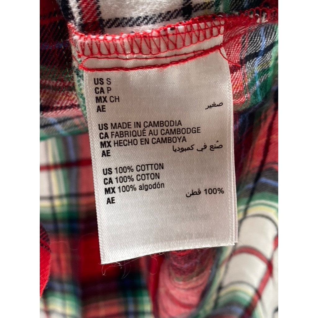 HOLIDAY LANE Women's Green-Red-White Plaid Flannel Button-Up Pajama Top SZ S