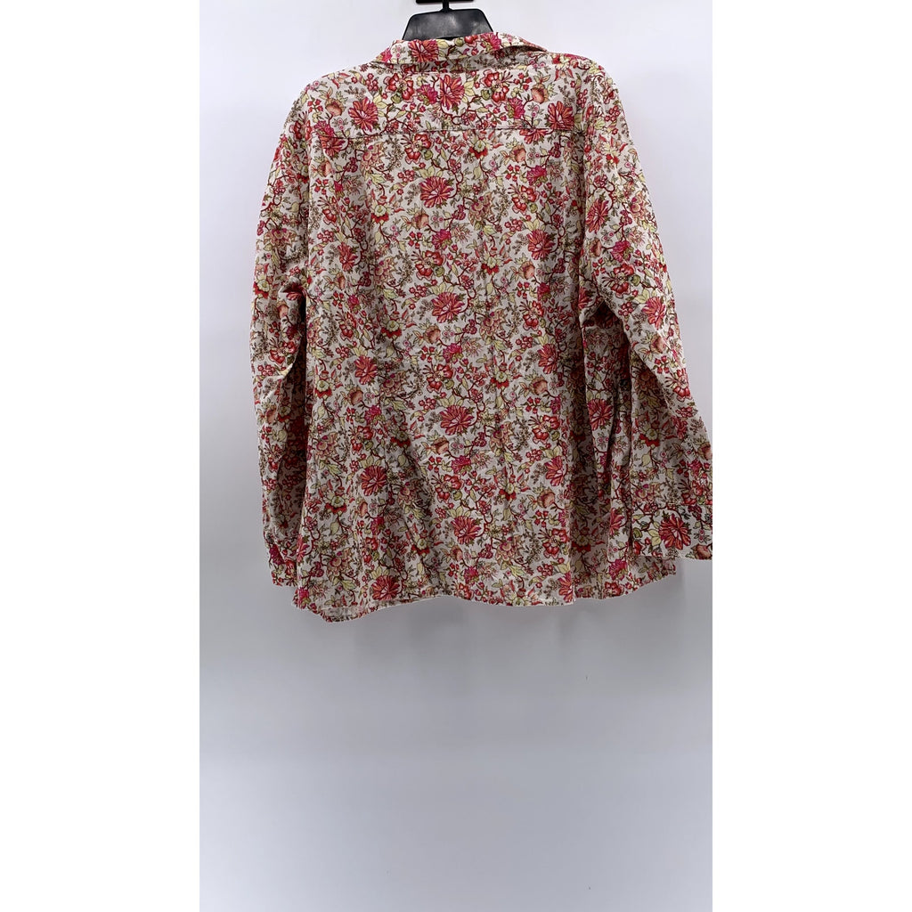 LANDS' END Women's White-Red Floral Corduroy Regular-Fit Button-Up Top SZ M