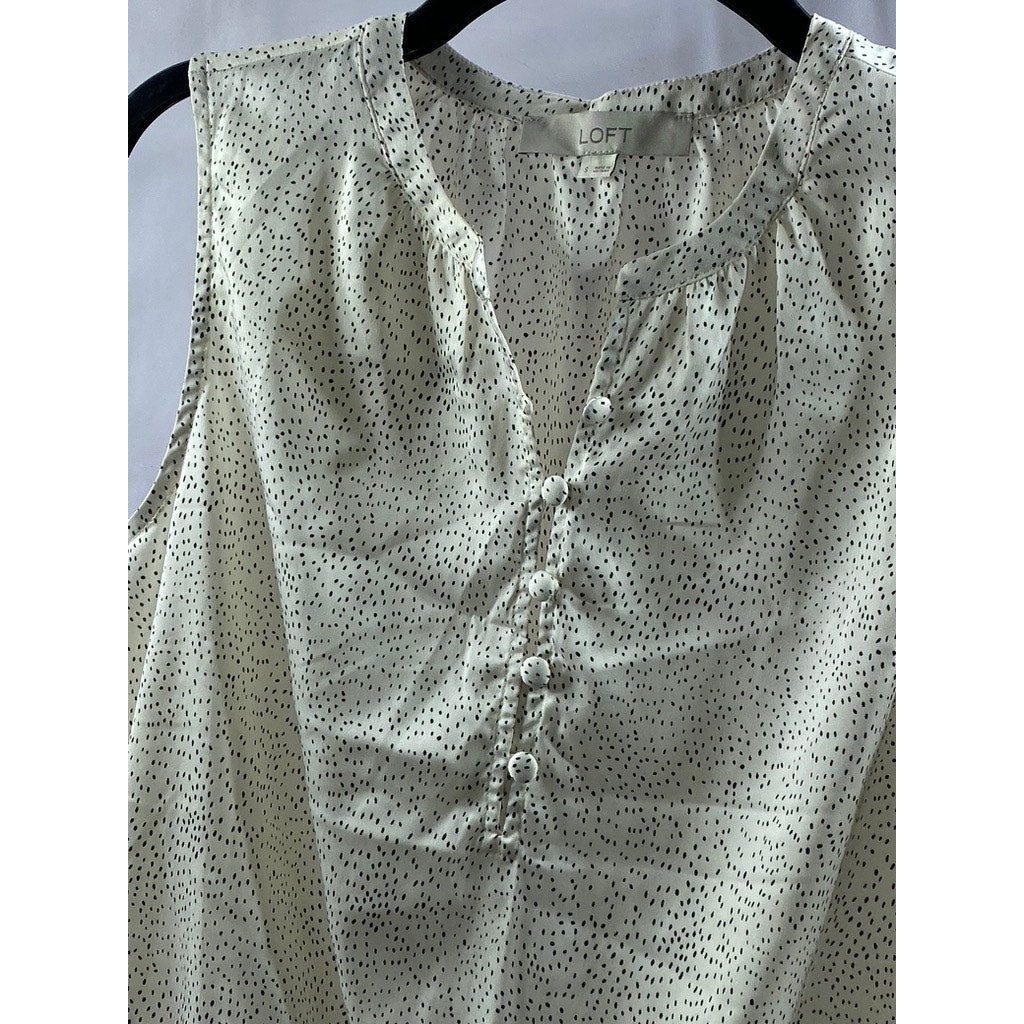 LOFT Women's White-Black Micro Dot Crewneck Button-Up Sleeveless Top SZ S