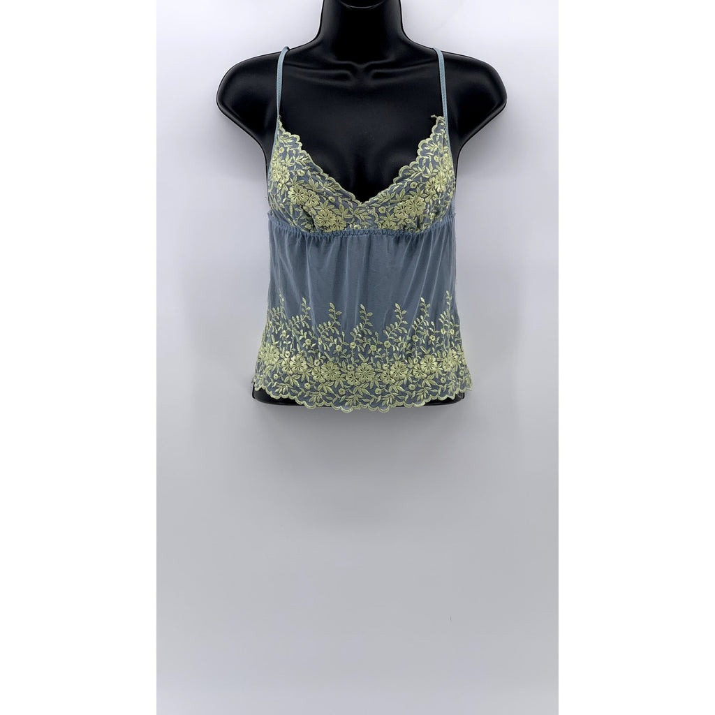 UNBRANDED Women's Blue-Yellow Lace-Trim Spaghetti Strap Sheer Camisole Top SZ M