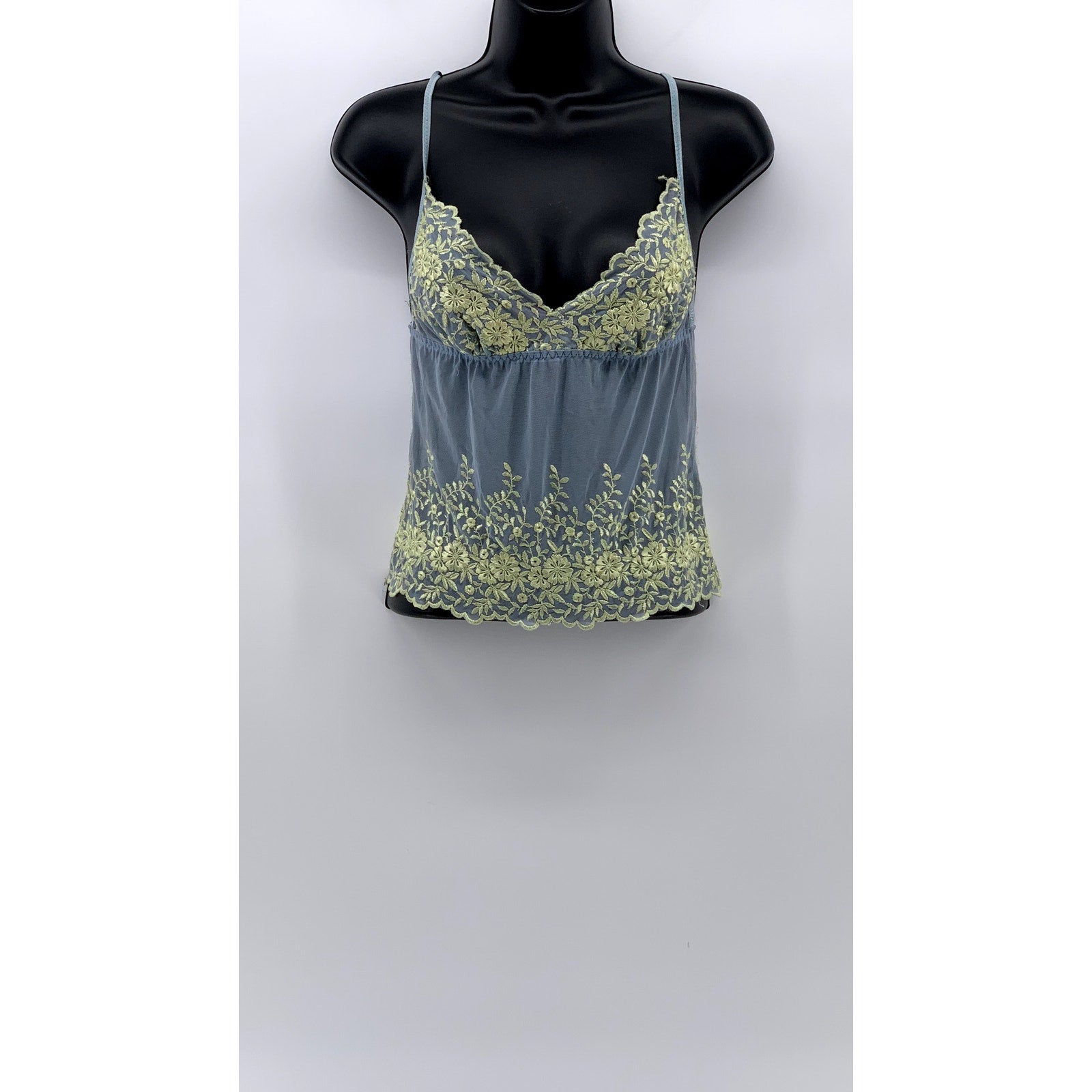 UNBRANDED Women's Blue-Yellow Lace-Trim Spaghetti Strap Sheer Camisole Top SZ M