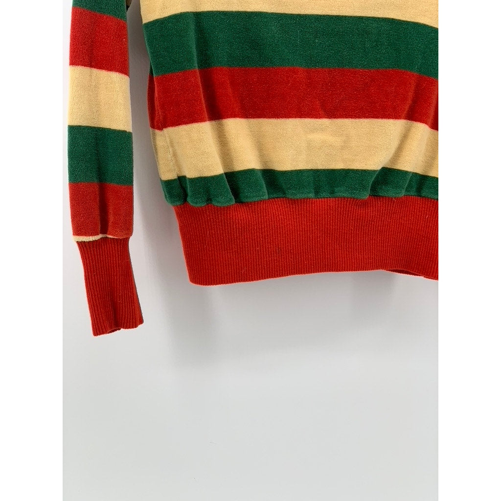 BLOOMIN TULIPS Women's Vintage Green-Yellow-Red Striped Long Sleeve Polo Top SZS