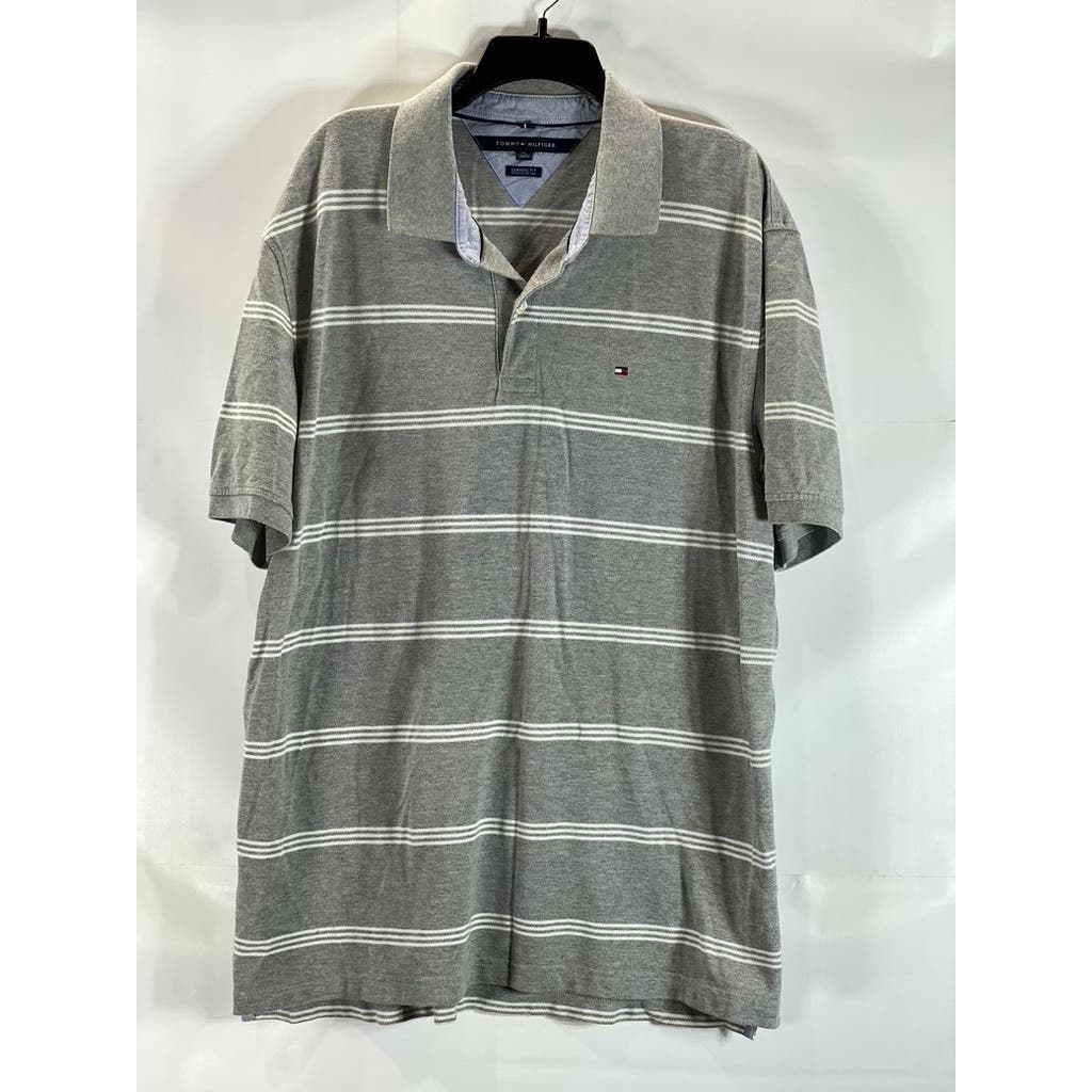 TOMMY HILFIGER Men's Gray Double-Striped Classic-Fit Short Sleeve Polo SZ 2XL