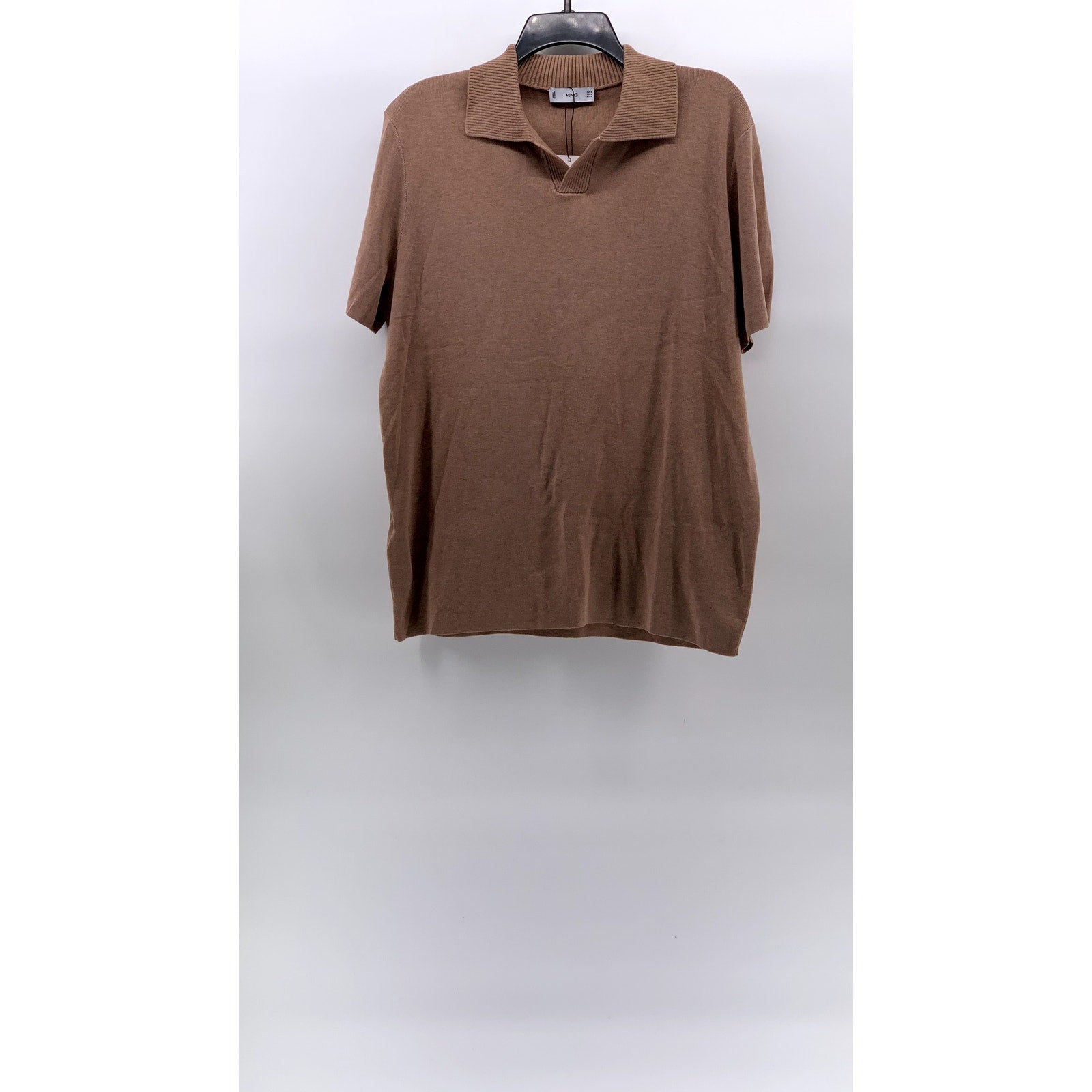 MNG Men's Tan Regular-Fit Rib-Knit Short Sleeve Polo Shirt SZ M