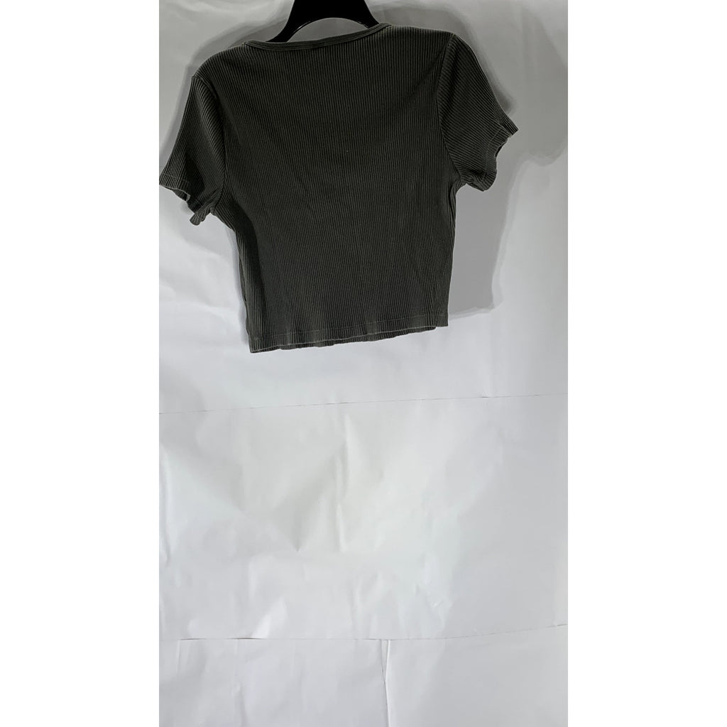 UNIQLO Women's Dark Gray Ribbed Crewneck Short Sleeve Cropped Top SZ L