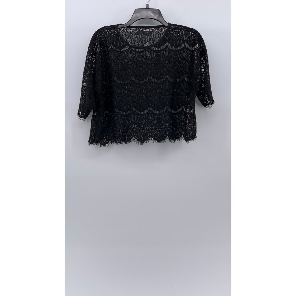BURU & JUDY Women's Black Lace Scoop-Neck Short Sleeve Relaxed Fit Top SZ M