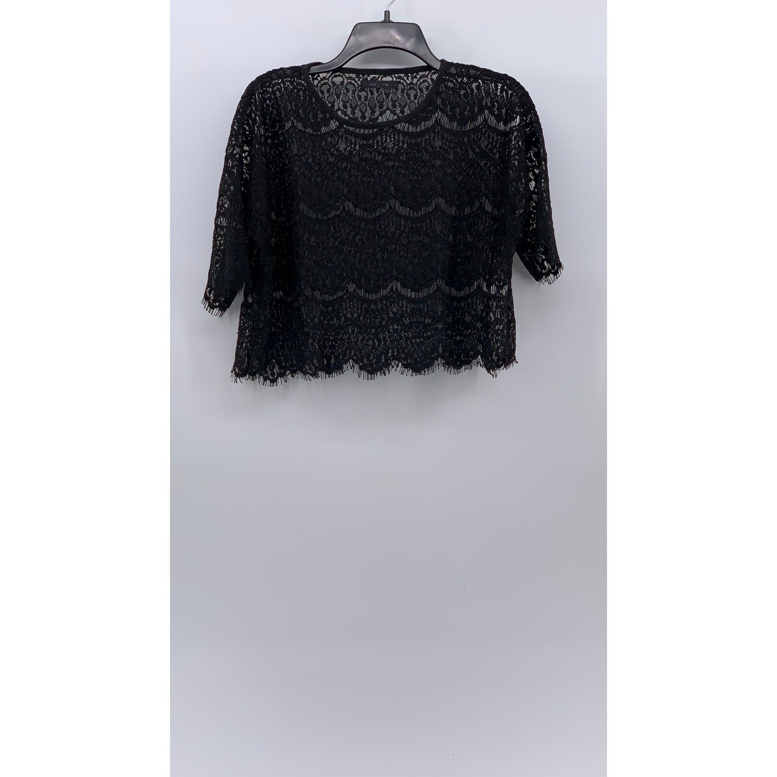 BURU & JUDY Women's Black Lace Scoop-Neck Short Sleeve Relaxed Fit Top SZ M