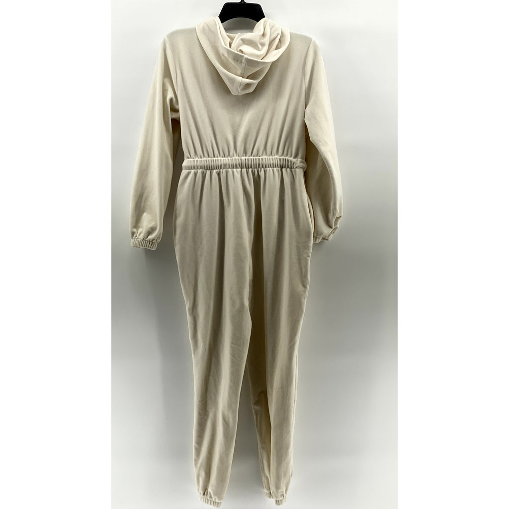 FOREVER 21 Women's Cream Fleece Half-Zip Drawstring Waist Hooded Jumpsuit SZ S