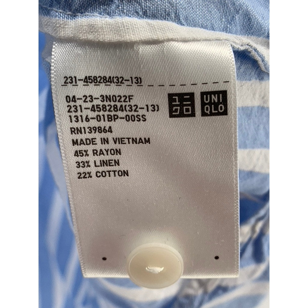 UNIQLO Women's Blue-White Striped Linen-Blend Button-Up Open-Collar Top SZ XL
