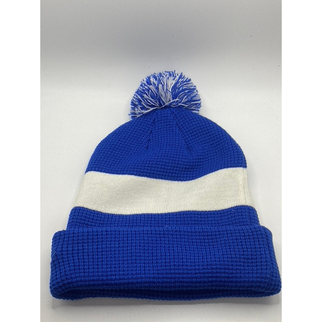NIKE Unisex Adult Royal Blue-White Striped Swoosh Pom-Pom Beanie SZ OS